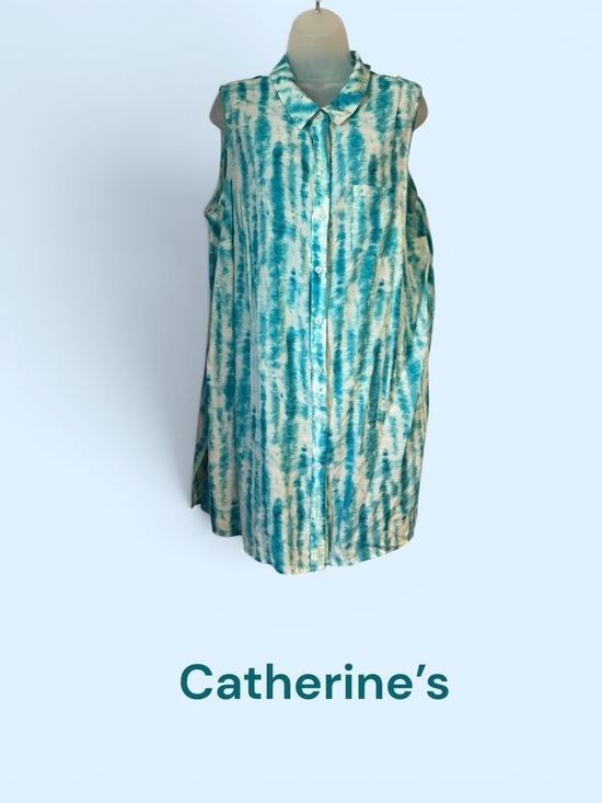 Catherines Tops - Catherine's Teal/White Tie-Dye Sleeveless Button Front Top   PLUS: 1X   #13